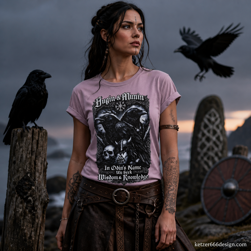 Frauen T-Shirt mit gerollten Ärmeln Hugin und Munin