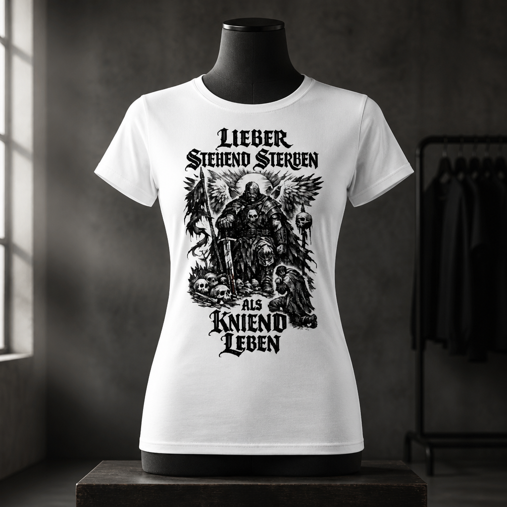 Frauen T-Shirt Lieber stehend sterben