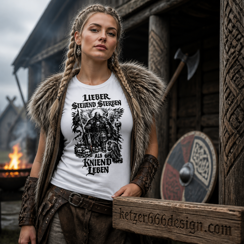 Frauen T-Shirt Lieber stehend sterben
