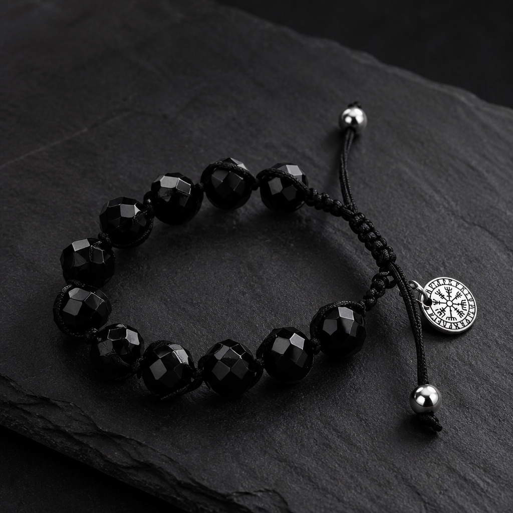 Handgefertigtes Vegvisir-Armband aus facettierten böhmischen Glasperlen mit abnehmbarem Edelstahl-Charm