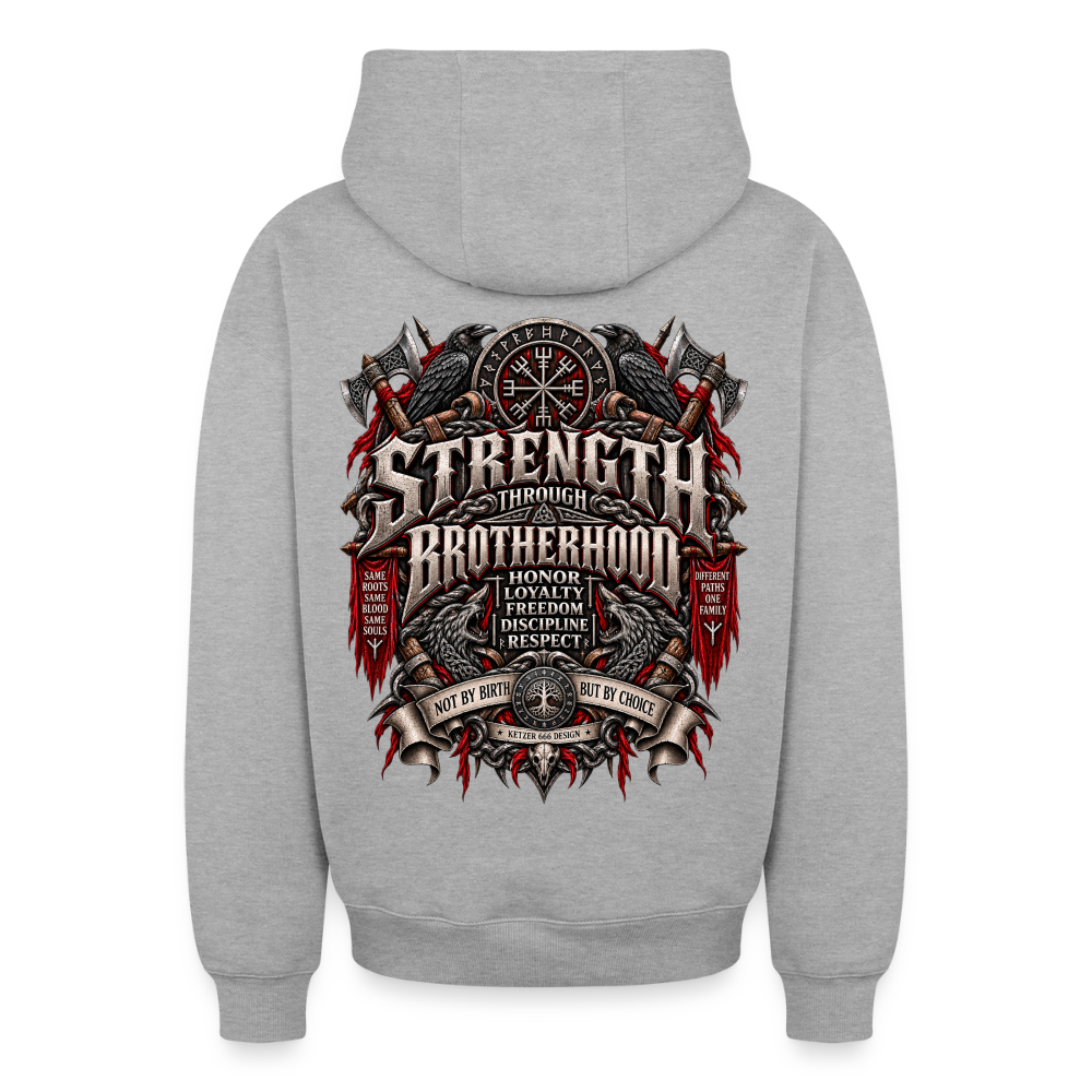 Grau melierter Oversize-Zip-Hoodie für Biker und Wikinger – Vorderansicht