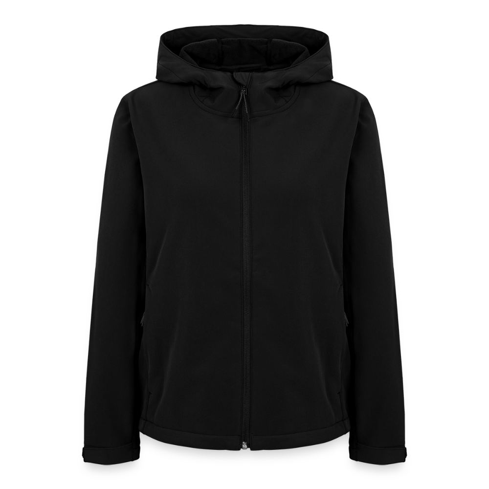 Schwarze Damen-Softshelljacke von vorne mit Kapuze, durchgehendem Reißverschluss und seitlichen Taschen, ohne Frontprint.