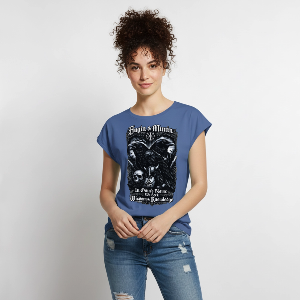 Frauen T-Shirt mit gerollten Ärmeln Hugin und Munin - Taubenblau