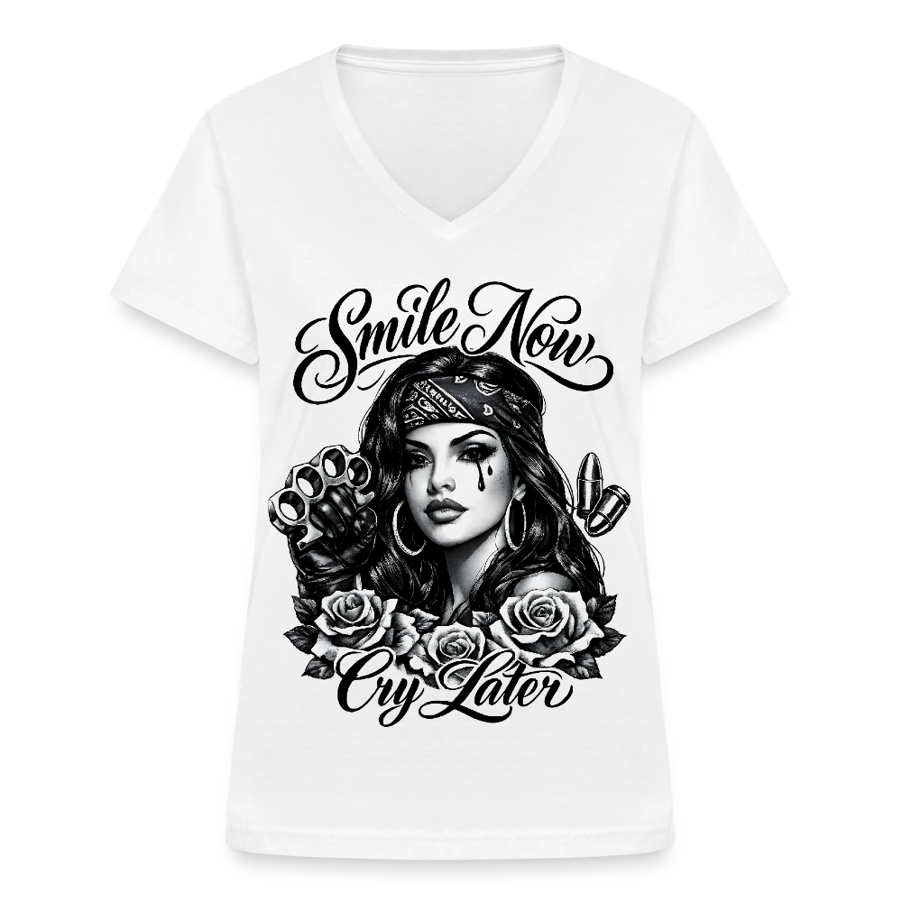 Klassisches Frauen-T-Shirt mit V-Ausschnitt Smile now, cry later - Weiß