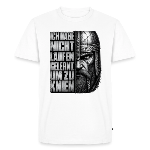 Weißes Herren-Biker-T-Shirt mit dem Frontprint „Niemals kniend“