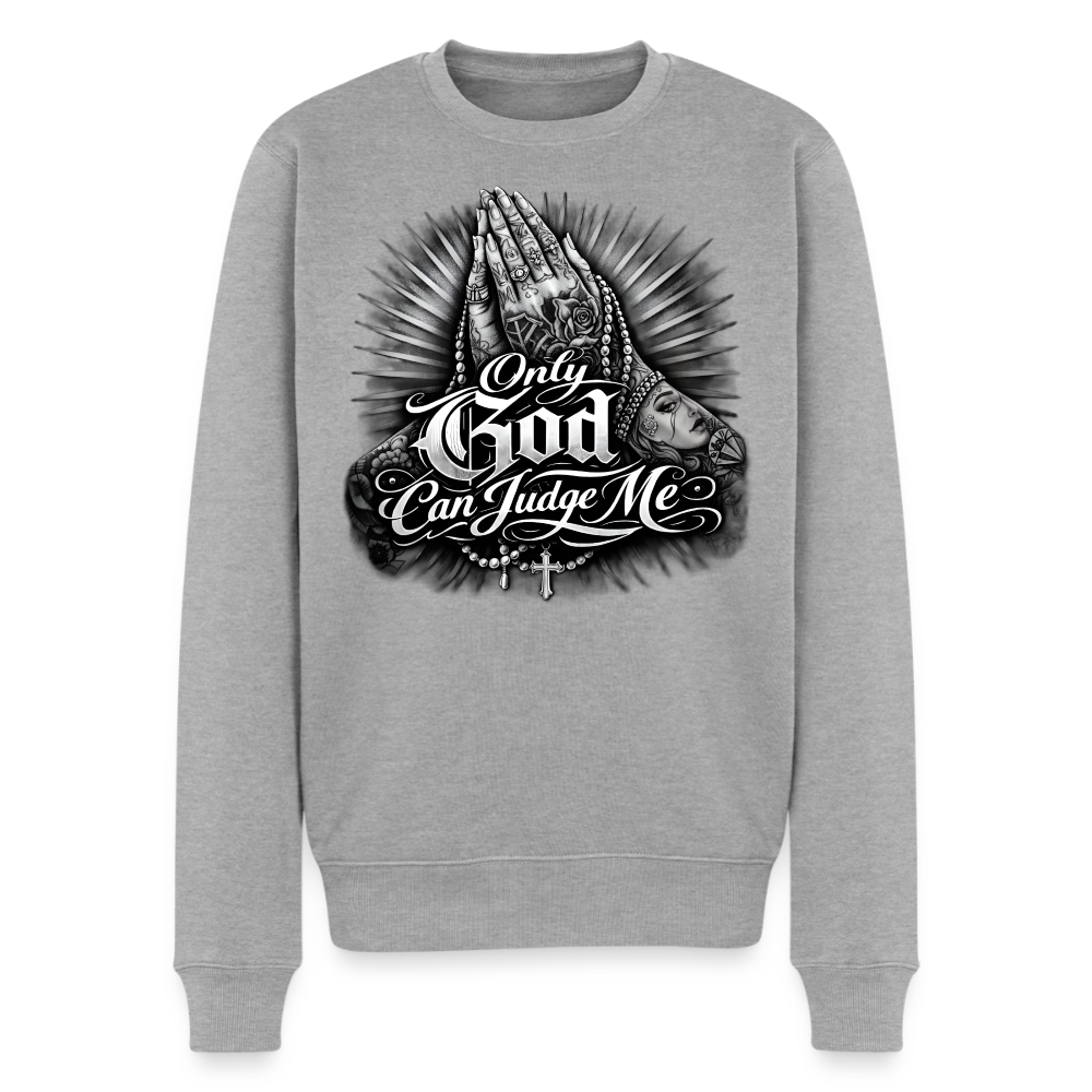  Grau melierter Herren-Biker-Pullover mit dem Print „Only God Can Judge Me“, Vorderansicht