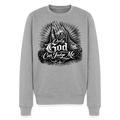  Grau melierter Herren-Biker-Pullover mit dem Print „Only God Can Judge Me“, Vorderansicht