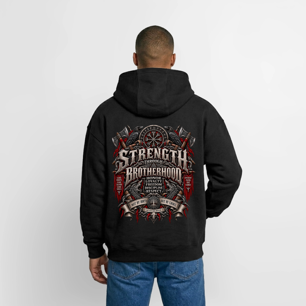 Schwarzer Biker-Zip-Hoodie mit „Strength Through Brotherhood“-Backprint