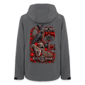 Anthrazitfarbene Damen-Softshelljacke mit Rückenprint „Born for Freedom – Loyal to Few“, Raben und Wikingermotiv von Ketzer 666 Design.