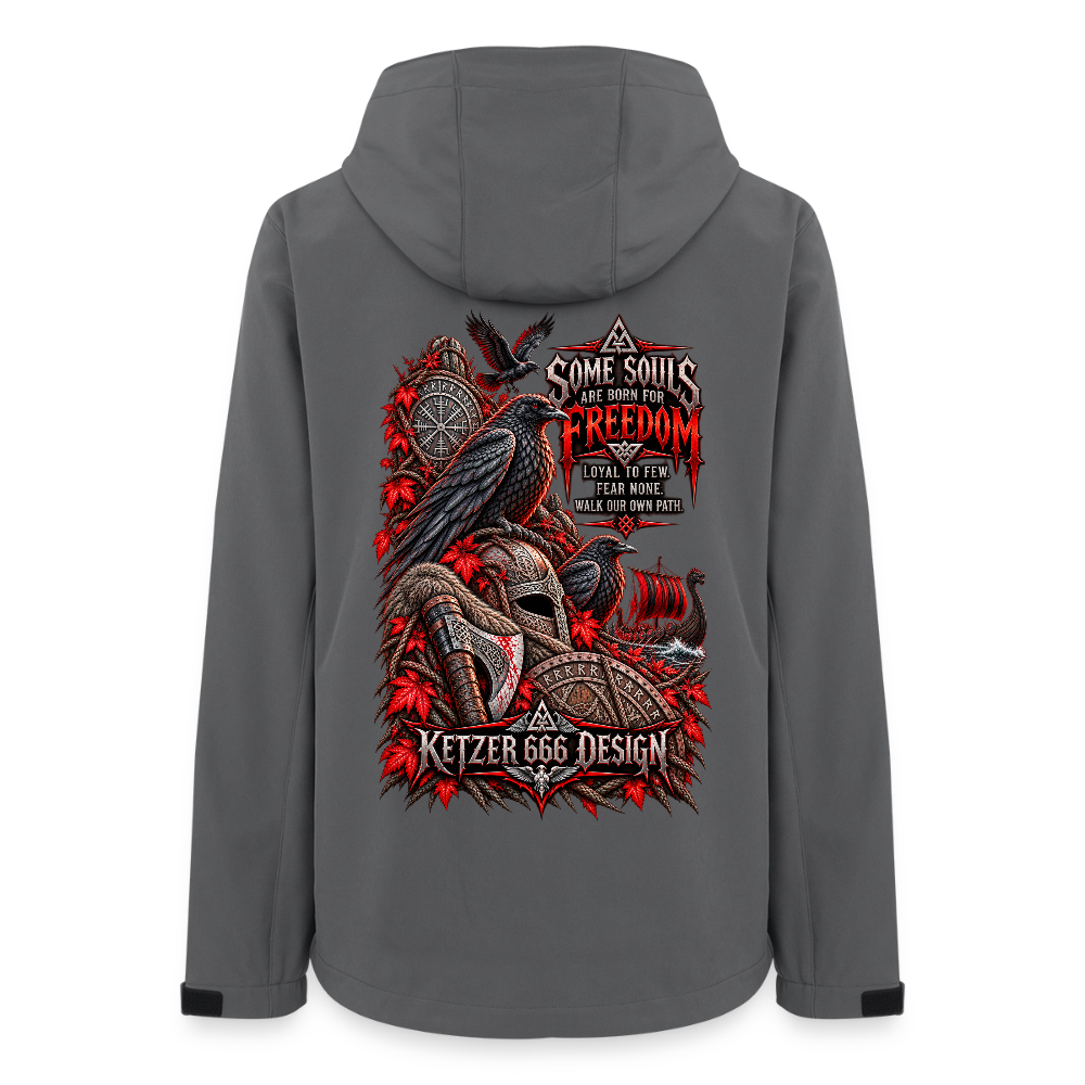 Anthrazitfarbene Damen-Softshelljacke mit Rückenprint „Born for Freedom – Loyal to Few“, Raben und Wikingermotiv von Ketzer 666 Design.