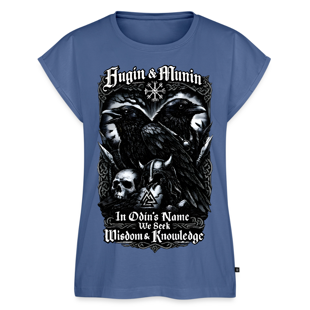 Frauen T-Shirt mit gerollten Ärmeln Hugin und Munin - Taubenblau
