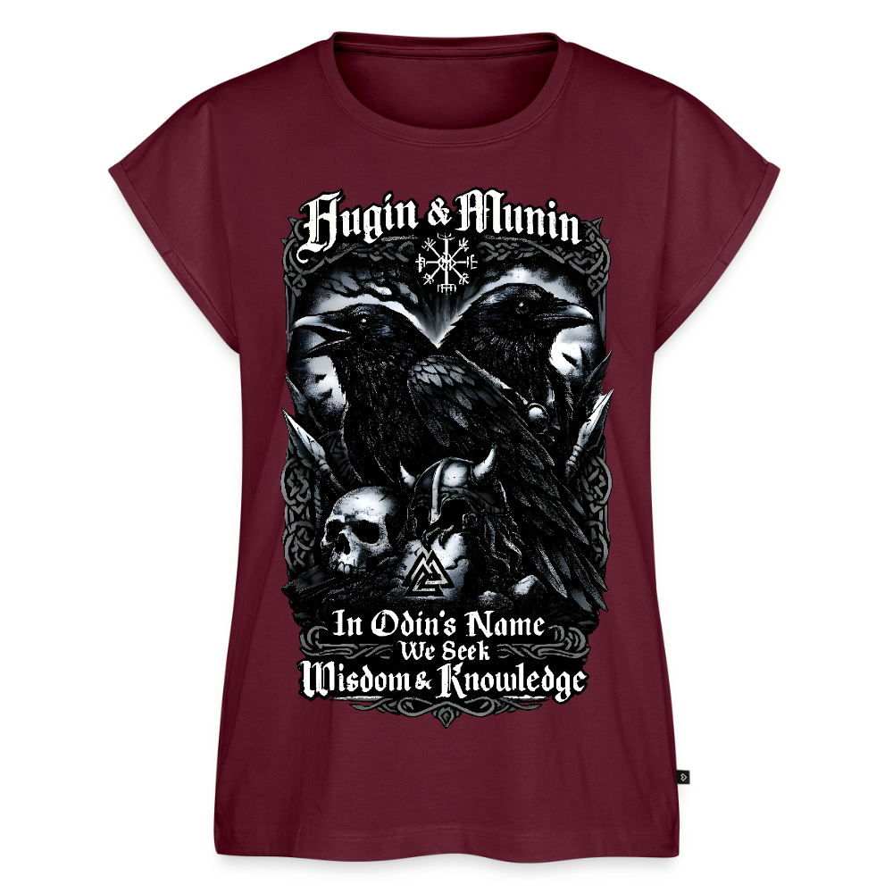 Frauen T-Shirt mit gerollten Ärmeln Hugin und Munin - Burgunderrot