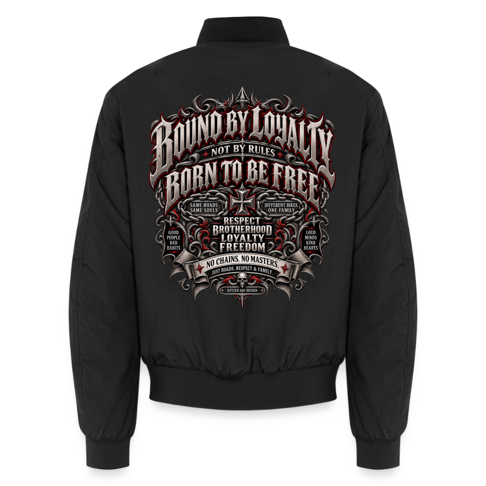 Detailansicht des Bound by Loyalty Born Free Designs auf schwarzer Herren-Bomberjacke