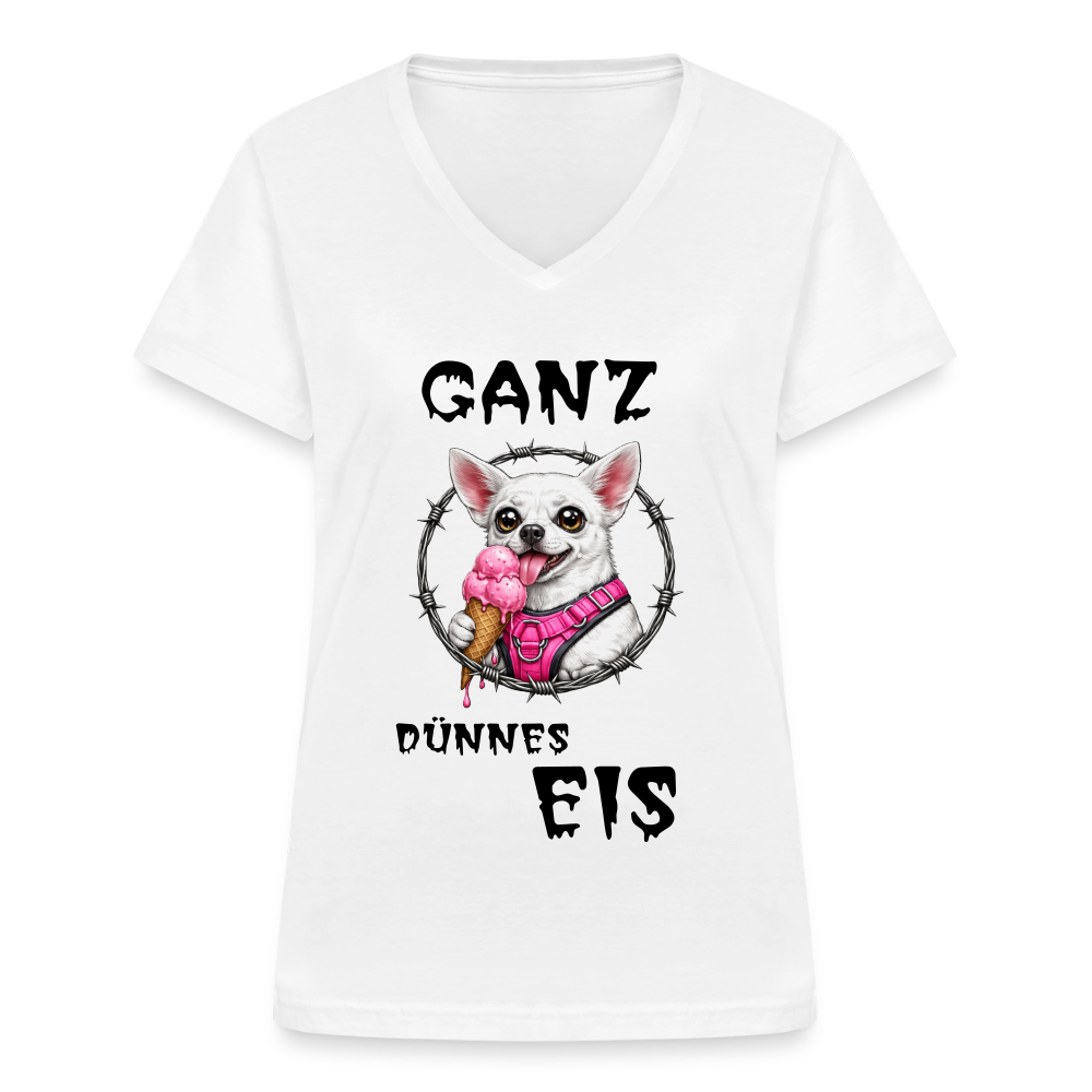 Klassisches Frauen-T-Shirt mit V-Ausschnitt Chihuahua Ganz dünnes Eis - Weiß