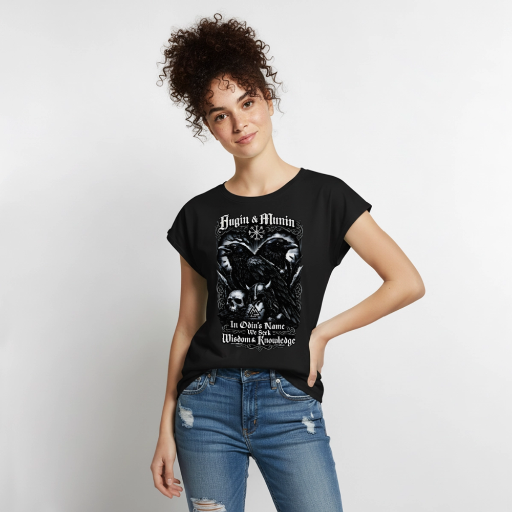 Frauen T-Shirt mit gerollten Ärmeln Hugin und Munin - Schwarz
