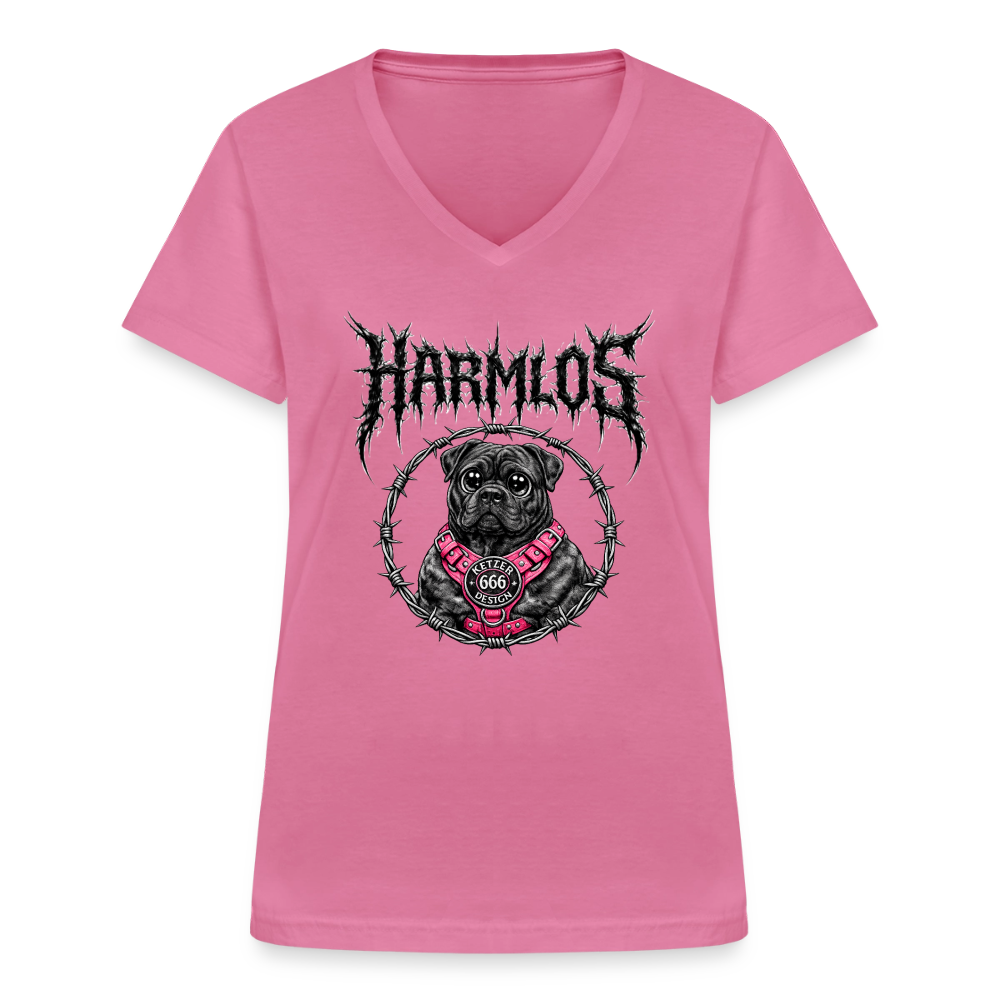 Klassisches Frauen-T-Shirt mit V-Ausschnitt Bullmastiff Harmlos - Pink