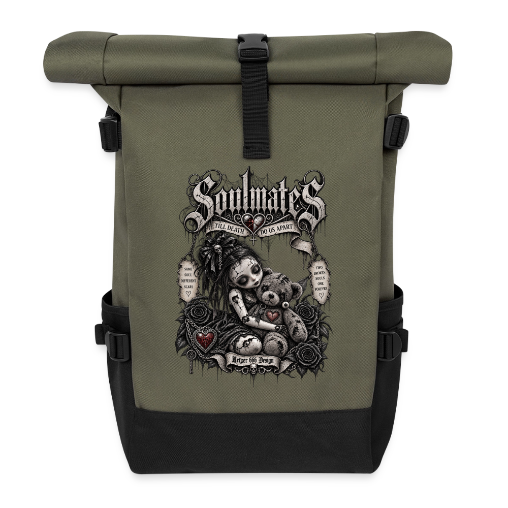Biker Rolltop Rucksack Soulmates in Olive/Schwarz mit gepolsterten Trägern und Kompressionsriemen“