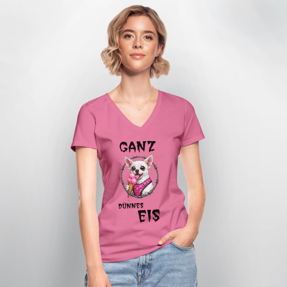 Klassisches Frauen-T-Shirt mit V-Ausschnitt Chihuahua Ganz dünnes Eis - Pink