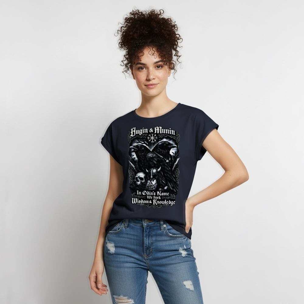 Frauen T-Shirt mit gerollten Ärmeln Hugin und Munin - Navy