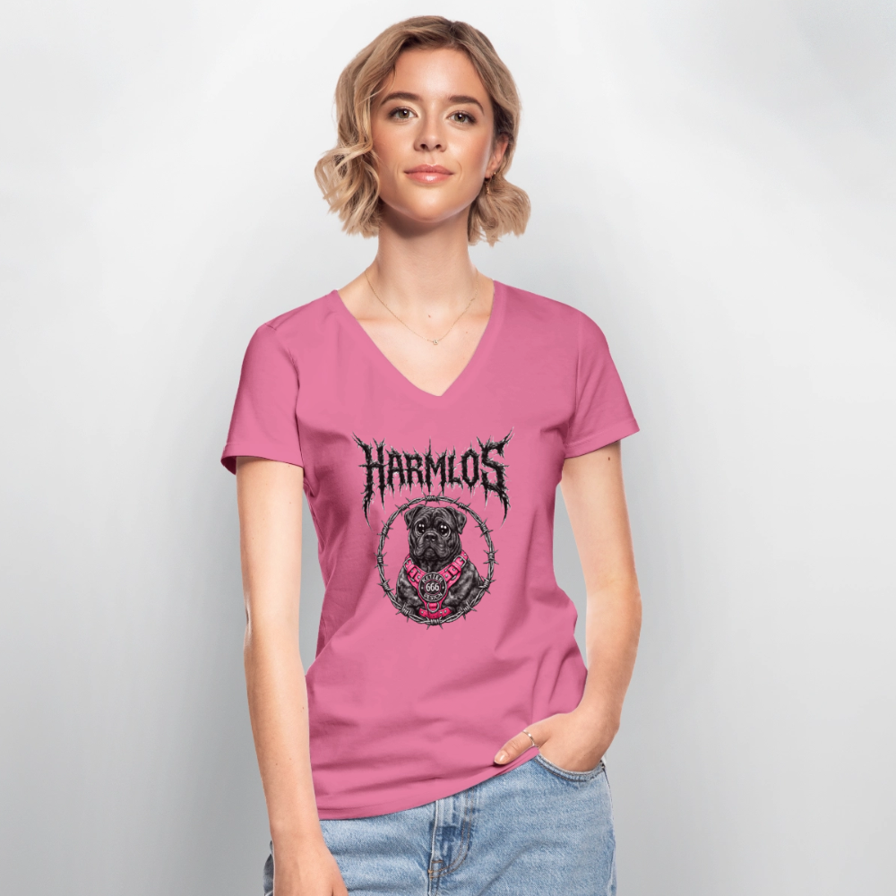 Klassisches Frauen-T-Shirt mit V-Ausschnitt Bullmastiff Harmlos - Pink