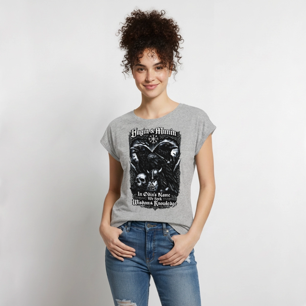 Frauen T-Shirt mit gerollten Ärmeln Hugin und Munin - Grau meliert