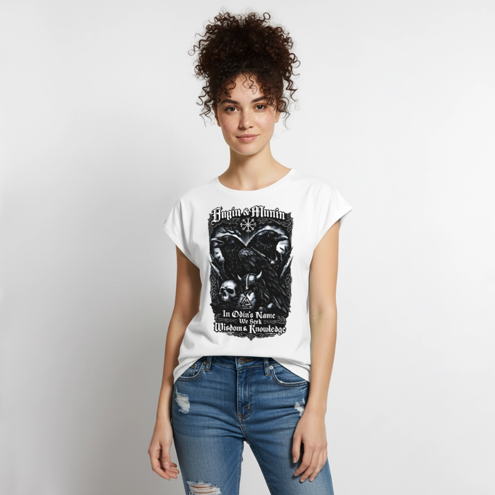 Frauen T-Shirt mit gerollten Ärmeln Hugin und Munin - Weiß