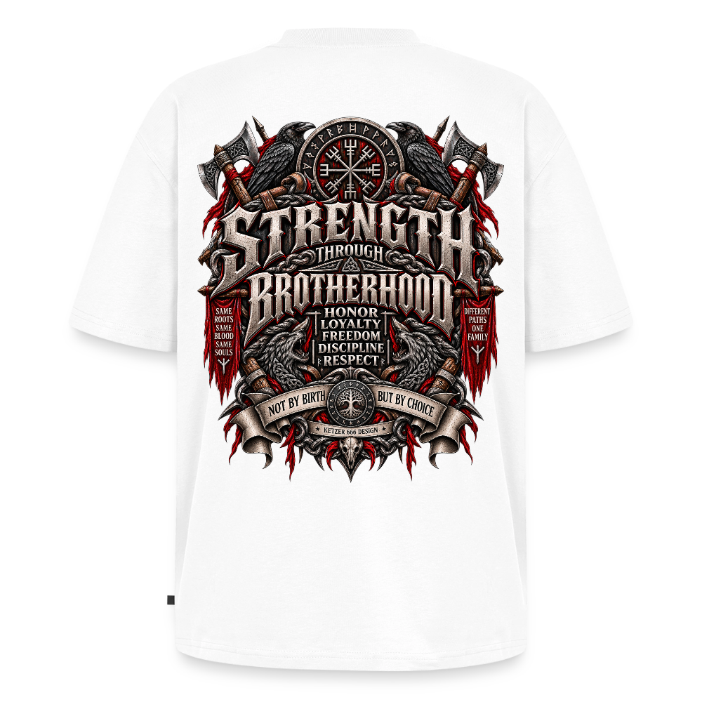 Weißes Herren Biker- und Wikinger-Shirt „Strength Through Brotherhood“