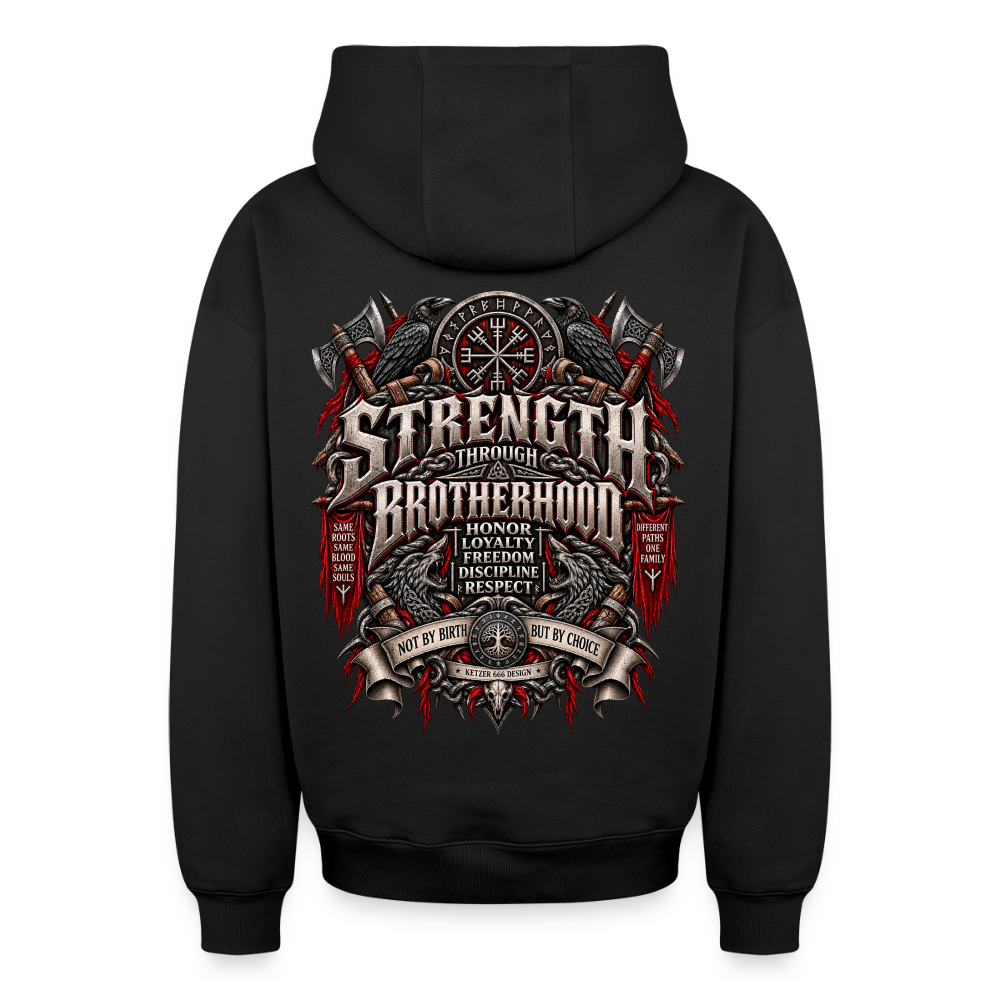 Schwarzer Oversize-Zip-Hoodie für Biker und Wikinger – Vorderansicht