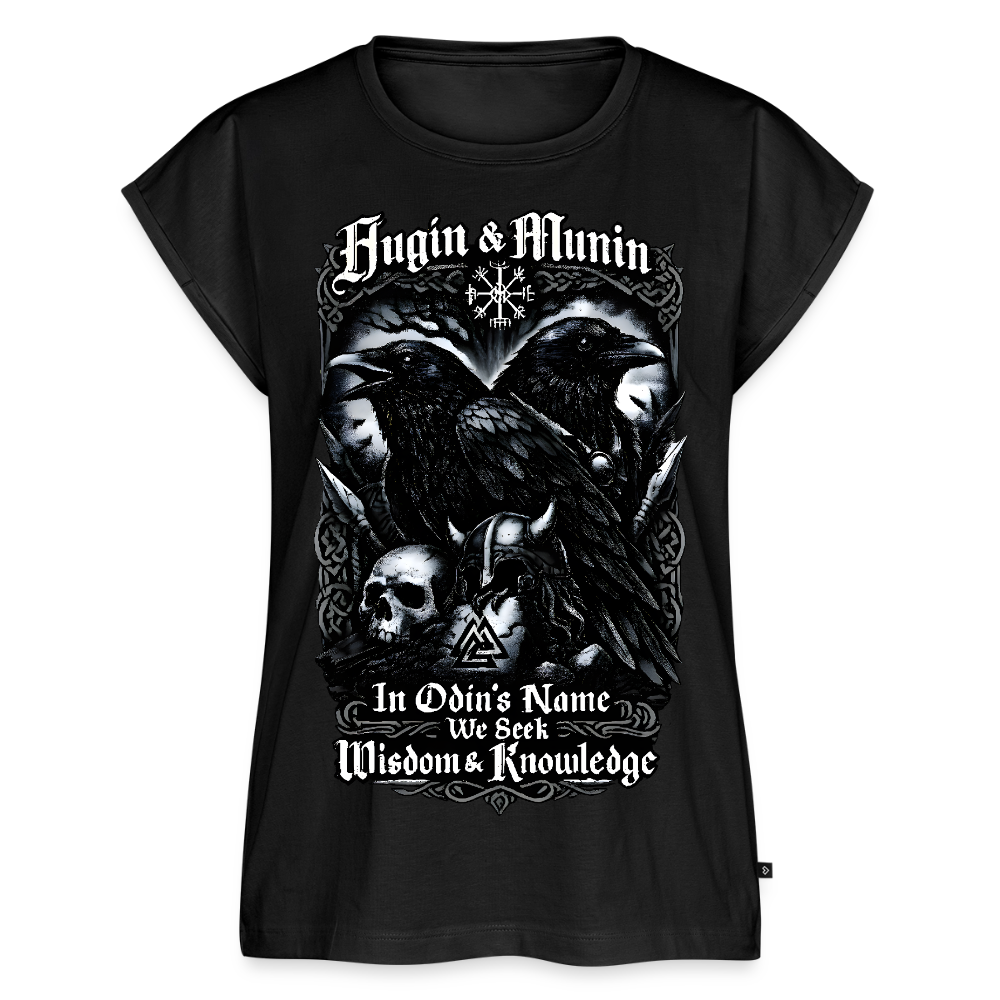 Frauen T-Shirt mit gerollten Ärmeln Hugin und Munin - Schwarz