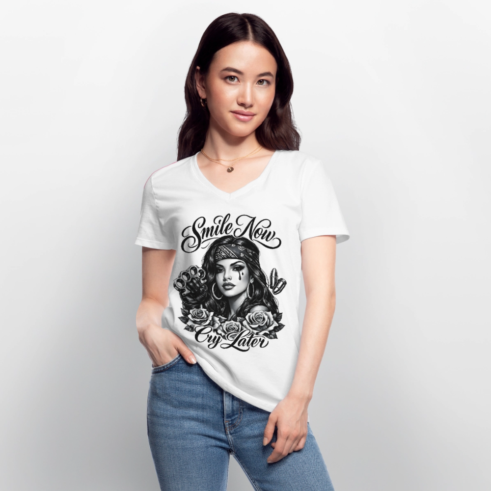 Klassisches Frauen-T-Shirt mit V-Ausschnitt Smile now, cry later - Weiß