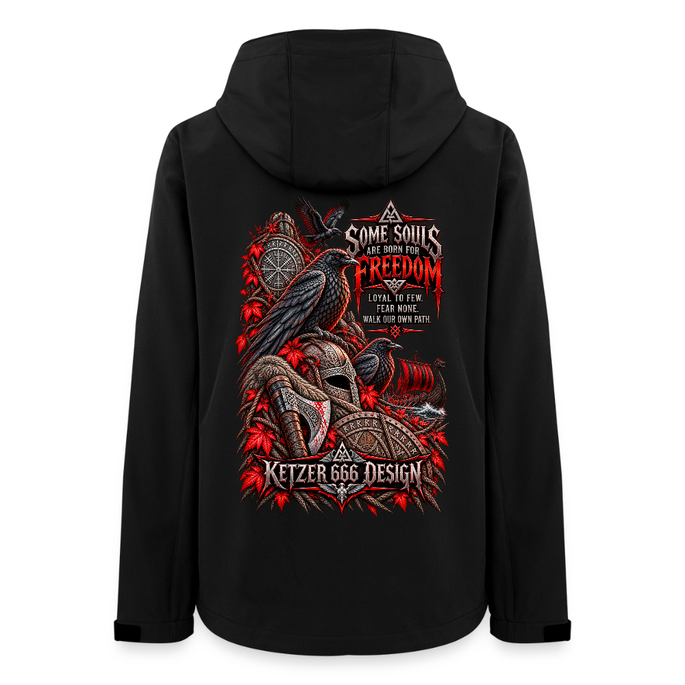 Schwarze Damen-Softshelljacke mit Kapuze und Rückenprint „Born for Freedom – Loyal to Few“, Raben, Wikingerschild und Axt.