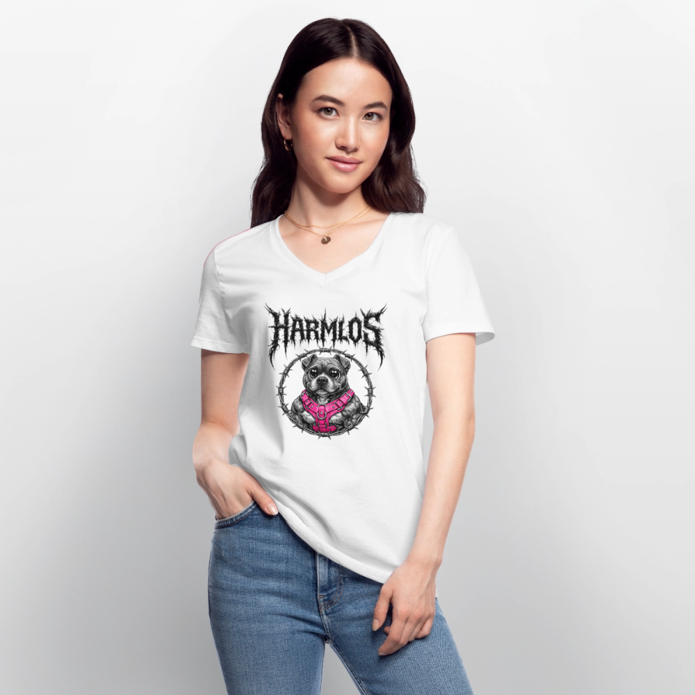 Klassisches Frauen-T-Shirt mit V-Ausschnitt Pitbull Lover HARMLOS - Weiß