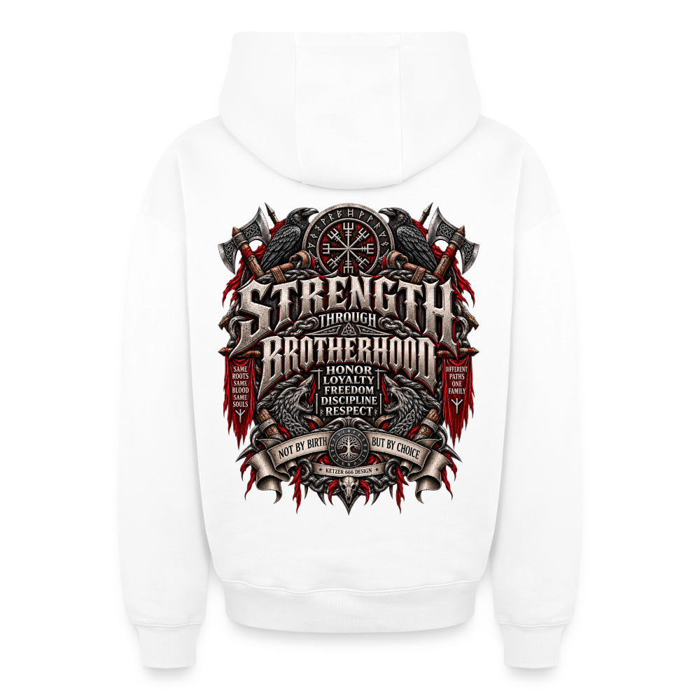 Weißer Oversize-Zip-Hoodie für Biker und Wikinger mit Brotherhood-Motiv⠋