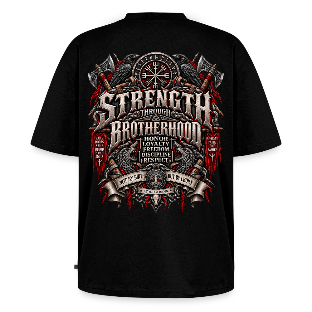 Schwarzes Herren Biker- und Wikinger-Shirt „Strength Through Brotherhood“