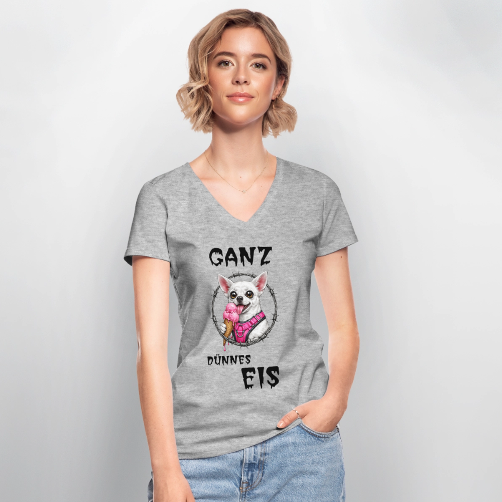 Klassisches Frauen-T-Shirt mit V-Ausschnitt Chihuahua Ganz dünnes Eis - Grau meliert