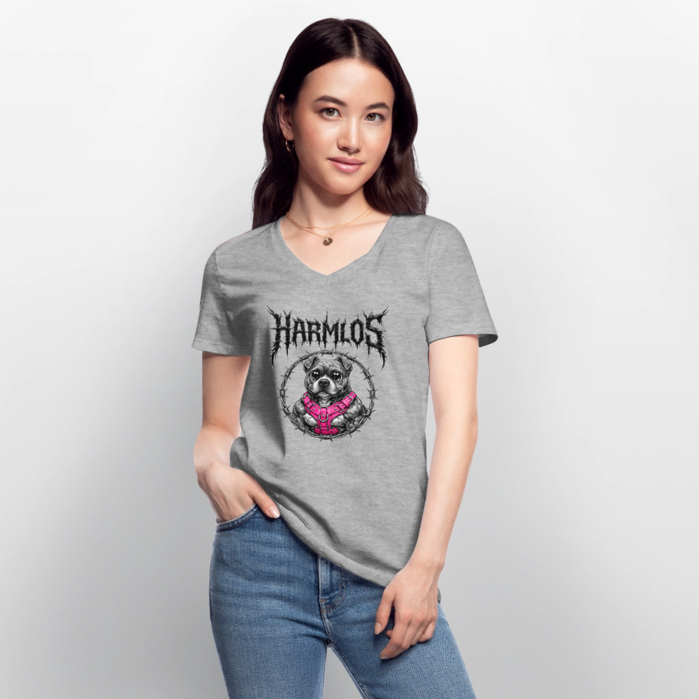 Klassisches Frauen-T-Shirt mit V-Ausschnitt Pitbull Lover HARMLOS - Grau meliert