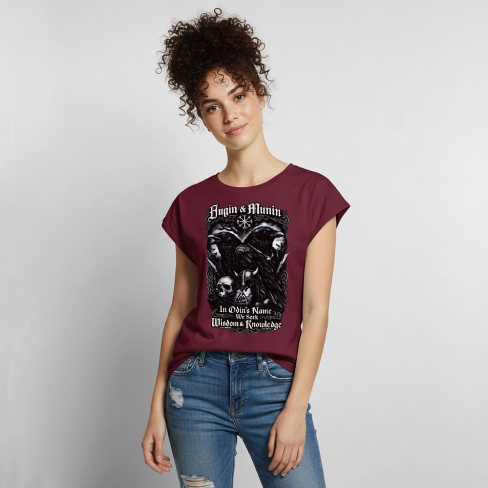 Frauen T-Shirt mit gerollten Ärmeln Hugin und Munin - Burgunderrot