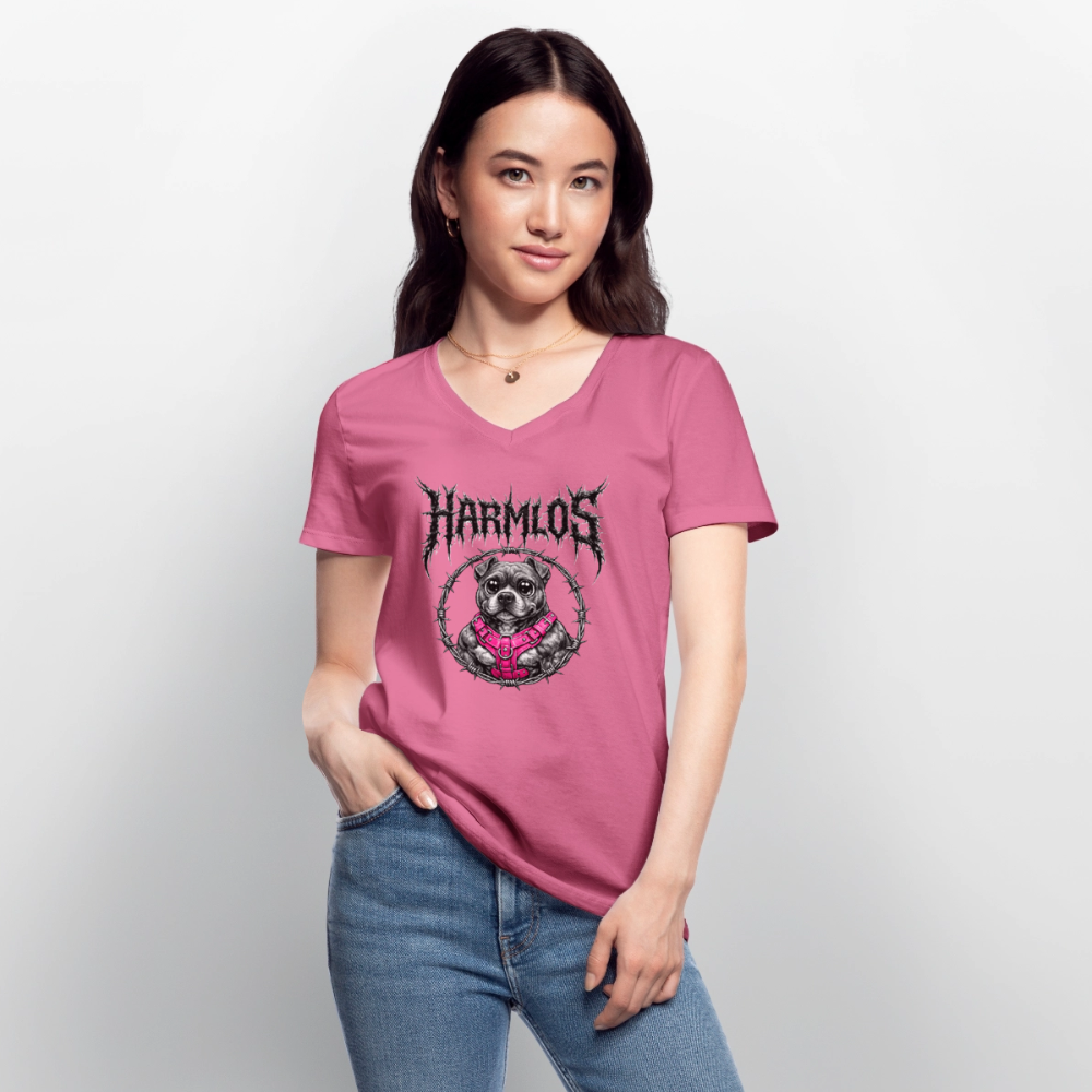 Klassisches Frauen-T-Shirt mit V-Ausschnitt Pitbull Lover HARMLOS - Pink