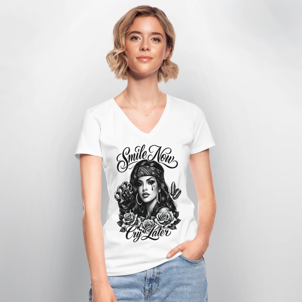Klassisches Frauen-T-Shirt mit V-Ausschnitt Smile now, cry later - Weiß
