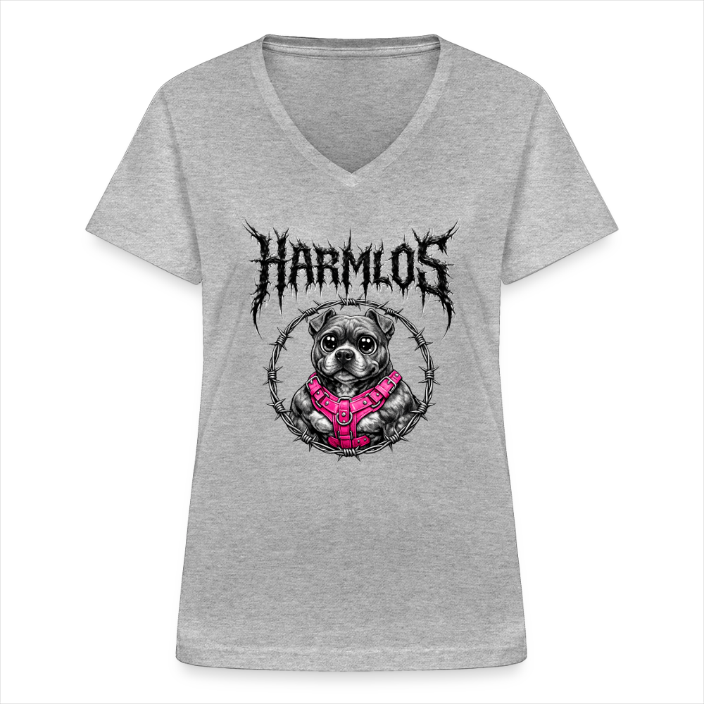 Klassisches Frauen-T-Shirt mit V-Ausschnitt Pitbull Lover HARMLOS - Grau meliert