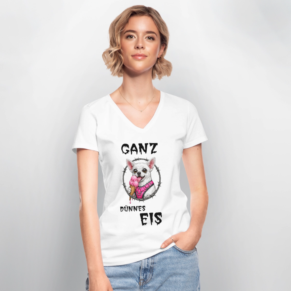 Klassisches Frauen-T-Shirt mit V-Ausschnitt Chihuahua Ganz dünnes Eis - Weiß
