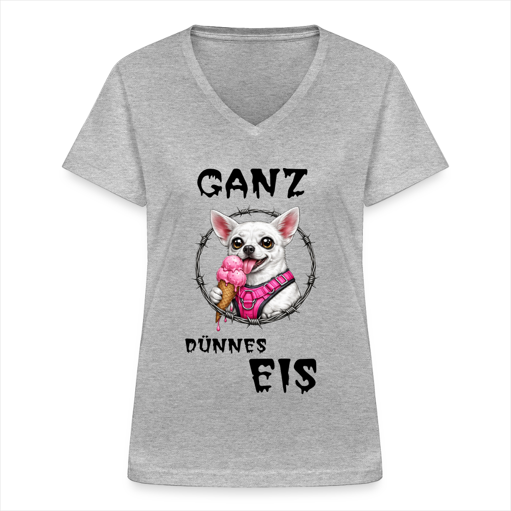 Klassisches Frauen-T-Shirt mit V-Ausschnitt Chihuahua Ganz dünnes Eis - Grau meliert