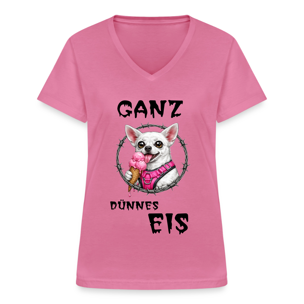 Klassisches Frauen-T-Shirt mit V-Ausschnitt Chihuahua Ganz dünnes Eis - Pink