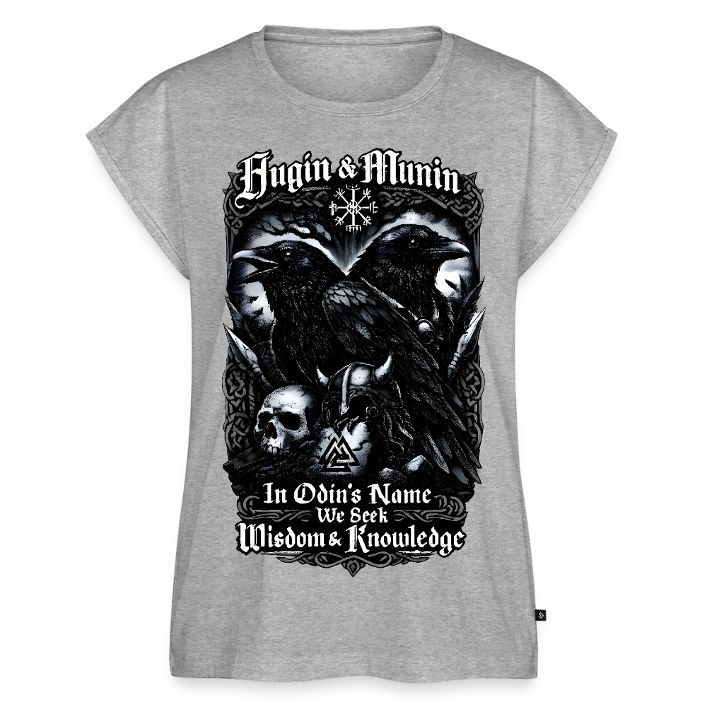 Frauen T-Shirt mit gerollten Ärmeln Hugin und Munin - Grau meliert