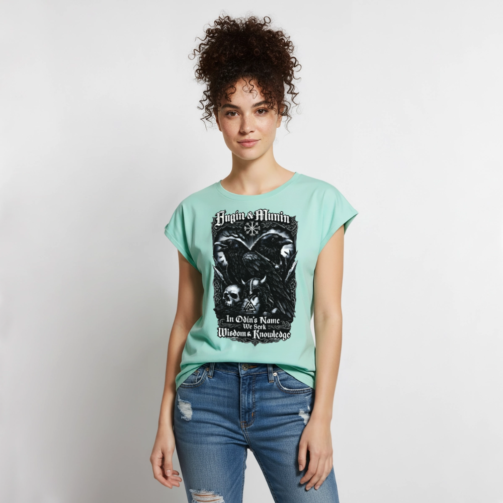Frauen T-Shirt mit gerollten Ärmeln Hugin und Munin - Mint 