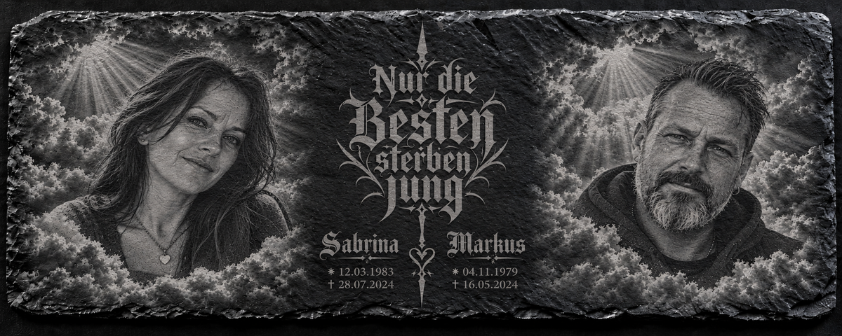 Personalisierte Erinnerungstafel mit 2 Fotos, Name & Datum