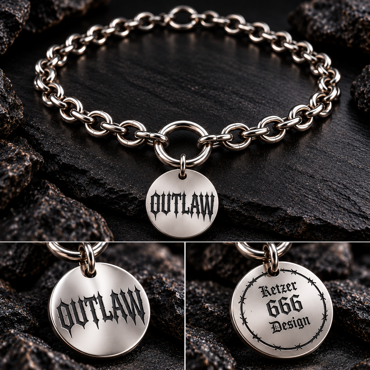 OUTLAW-Hundekette mit Detailansichten der gravierten Hundemarke