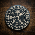 Einzelner Vegvisir-Schieferuntersetzer auf rustikalem Holz