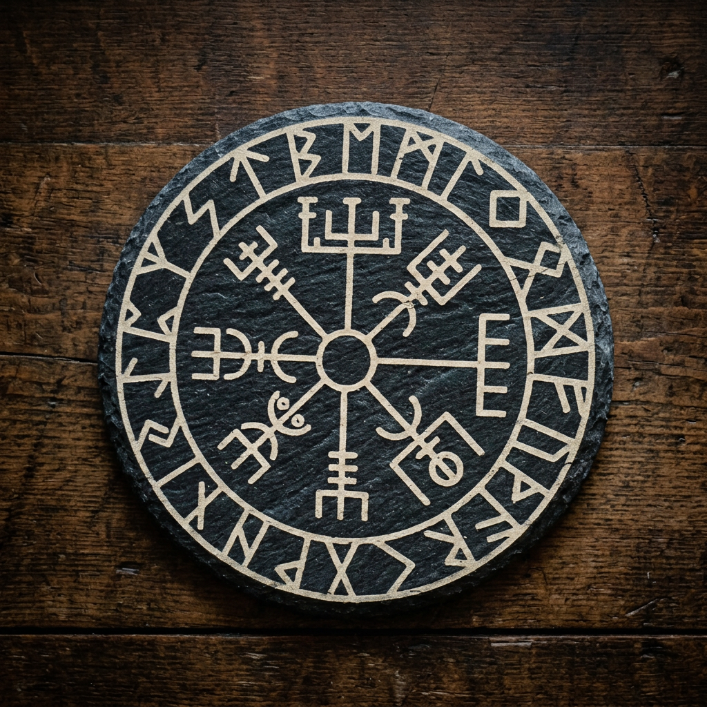 Einzelner Vegvisir-Schieferuntersetzer auf rustikalem Holz