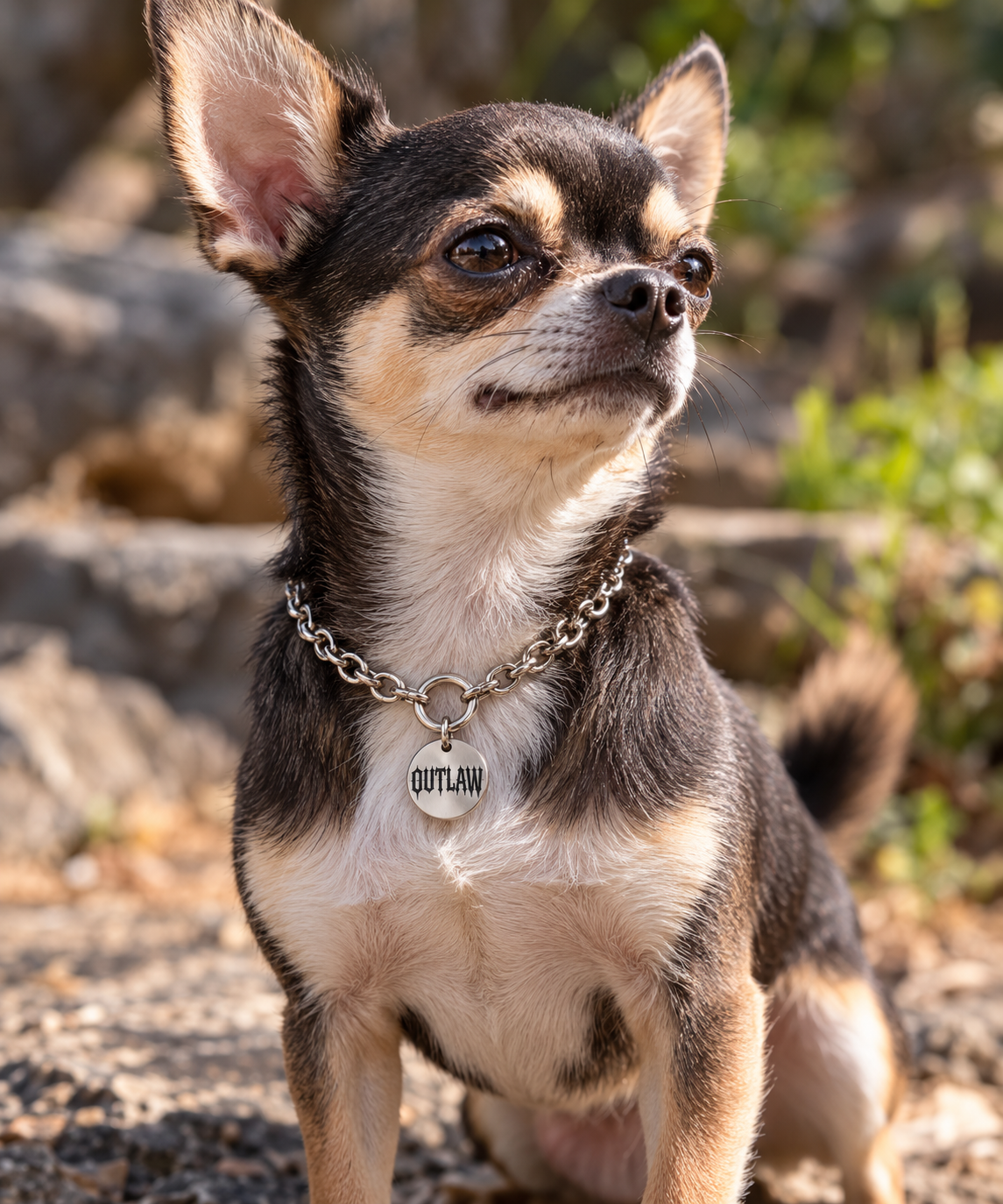 Kleiner Hund trägt die OUTLAW-Hundekette